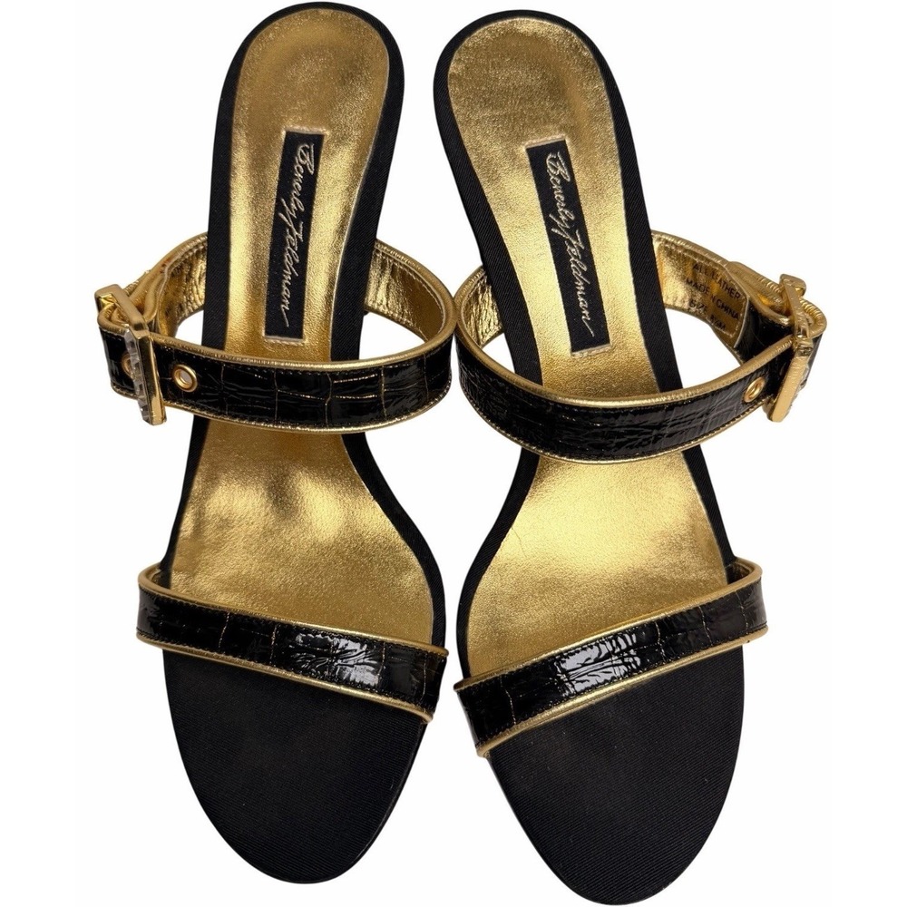 Beverly Feldman Black‎ Gold Croc Patent Mule Heels Ankle Strap Party 8.5 - Picture 2 of 10
